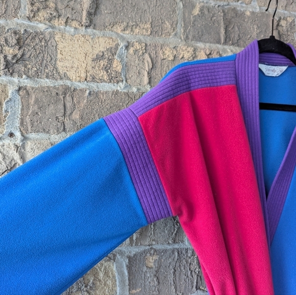 VTG 70s Vanity Fair Colorblock Long Line Robe Blue Purple Dark Pink - Picture 2 of 8